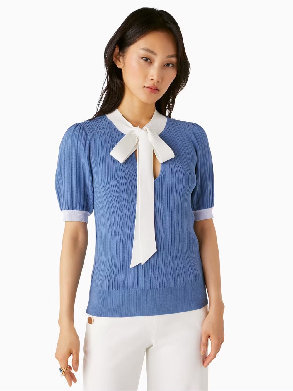 🪻 Kate Spade Colorblock Bow Neck Puff Sleeve Sweater Coquette Preppy Old Money
